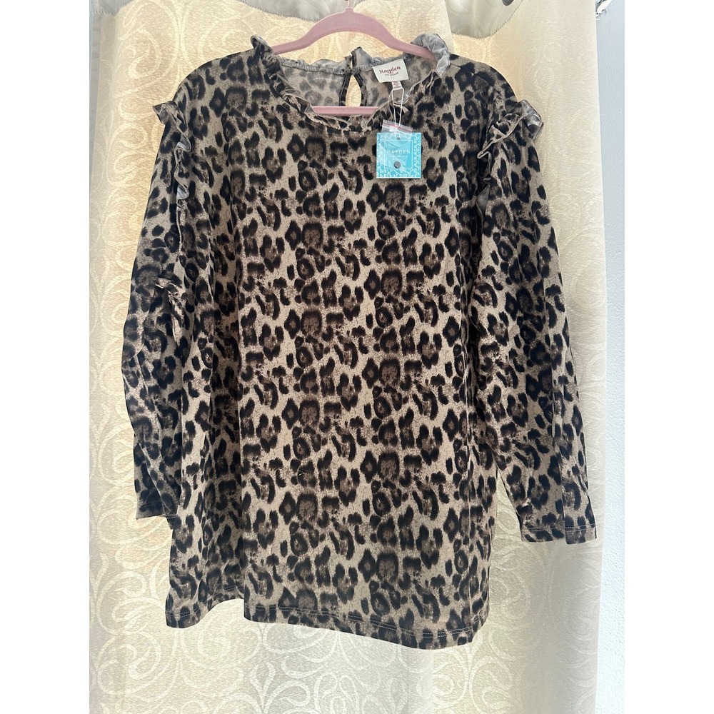 Hayden Los Angeles Leopard Ruffle Shoulder‎ Top 2XL Brown Animal Long Sleeve